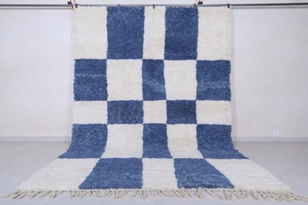 Moroccan beige and blue rug - contemporary wool rug - checkered berber rug